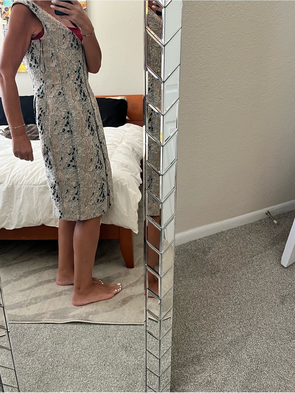 Armani Exchange Ivory and Black Textured Midi Sheath Dress
